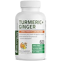 Turmeric + Ginger Extra Strength Joint Health & Digestion Support with BioPerine, Non-GMO, 60 Vegetarian Capsules