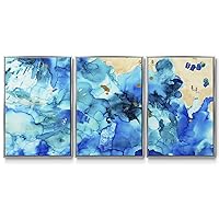 Renditions Gallery Seascape Wall Art Blue Ocean and Beach Painting Abstract Coastal Artwork Décor Silver 3 Pieces of Framed Canvas Prints Wall Decorations for Bathroom and Kitchen 16x24 Inch LS015