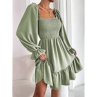 Dresses for Women - Square Neck Shirred Bodice Flounce Sleeve Ruffle Hem Dress (Color : Mint Green, Size : X-Small)