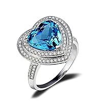 KnSam Womens Ring Wedding, 18K White Gold Love Heart 3 Prong Heart Cut Blue Topaz 4.15ct and 0.38ct Diamond Silver