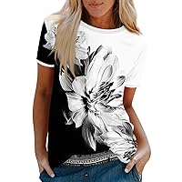 Women's Plus Size Tops Boho Floral T-Shirt Dressy Casual Short Sleeve Loose Fit Summer Round Neck Tunic Tops S-5XL