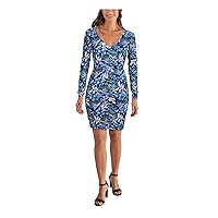 GUESS Womens Blue Zippered Floral Long Sleeve V Neck Above The Knee Body Con Dress 2