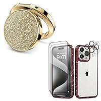 MIODIK Bundle - for iPhone 15 Pro Max Case Clear Glitter (Red) + Phone Ring Holder (Gold), with 2Pcs Screen Protector & 2Pcs Camera Lens Protector, Protective Shockproof for Women