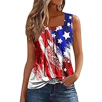 July 4th Shirts for Women,Summer Women's Sleeveless Pleated Loose Fit Square Neck Design Casual Street Style Daily Tank Top