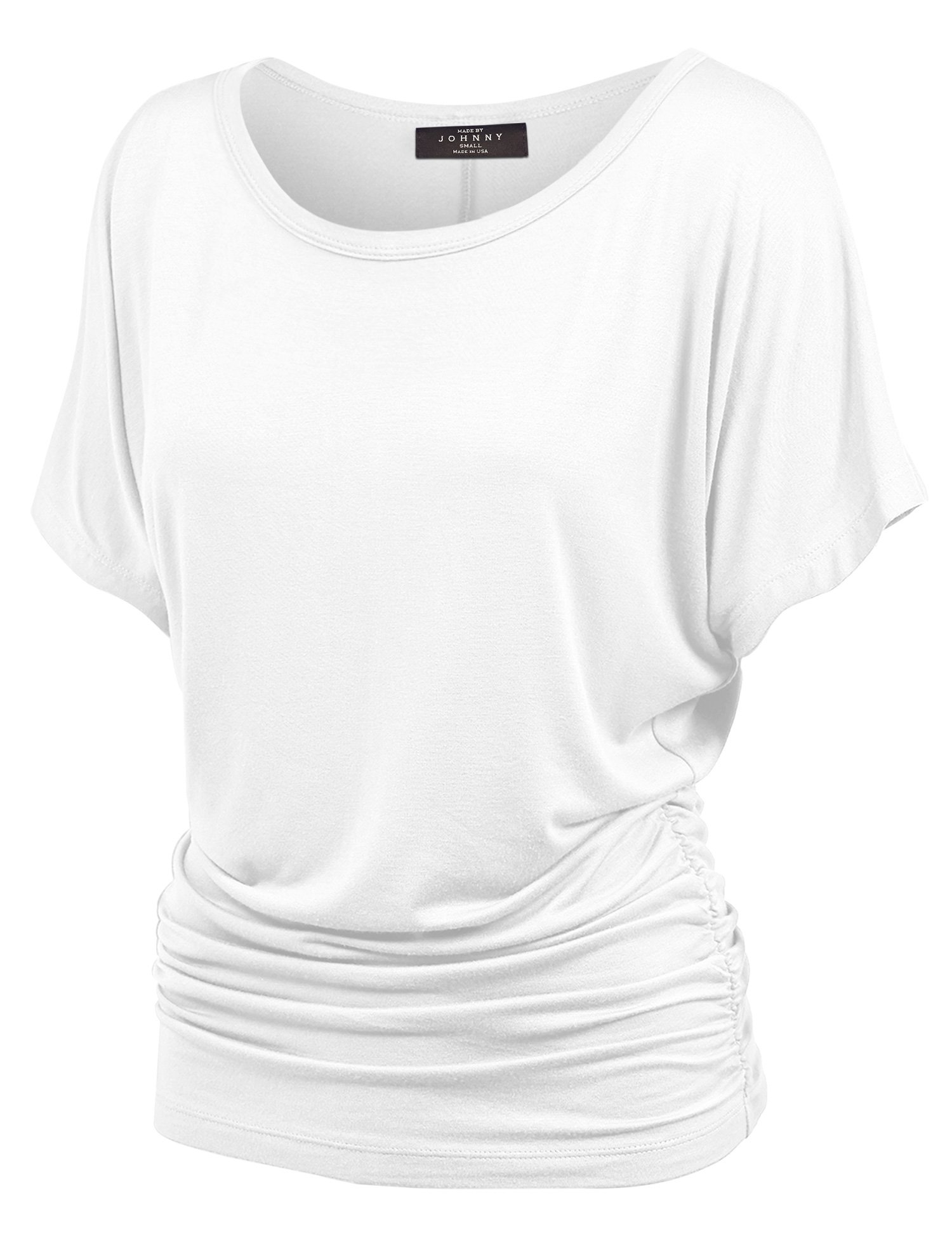 Made By Johnny Women's Solid Short Sleeve Boat Neck V Neck Dolman Top with Side Shirring
