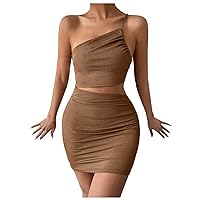Women Spaghetti Strap Ruched One Shoulder Bodycon Dress Summer Sexy Cut Out Waist Lace-Up Backless Knit Mini Dresses