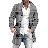 Mens Woolen Trench Coat Winter Fall Slim Fit Jacket Single-Breasted Mid-Length Coats Stand Collar Plain Overcoats