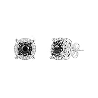 NATALIA DRAKE Black Diamond Stud Earrings for Women or Men in Rhodium Plated Sterling Silver Halo Style Flat Back Post Earring