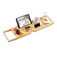 Bamboo Bathtub Caddy Tray, Expandable Bath Tray for Tub with Upgraded Wine Slots and Book Holder - Ideal for One or Two Person Use