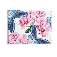 Pink Azalea and Blue Butterflies Personalized Hanging Picture Frames Canvas Hanging Poster Wall Art Paintings Home Decors Artwork 08x10inch(20x25cm)
