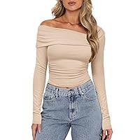 Women's One Off Shoulder Top Going Out Tops Y2k Long Sleeve Crop Top Sexy Ruched Slim Fitted Tee Shirts