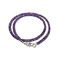 22 inch Long rondelle Shape Faceted Cut Natural Amethyst 3-4 mm Beads Necklace with 925 Sterling Silver Clasp for Women, Girls Unisex