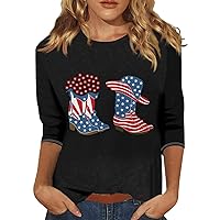 4Th of July Shirts for Women 3/4 Sleeves Summer Tops Trendy Flag Graphic Tees Crewneck Sweatshirts Dressy Casual Blouses