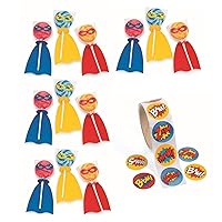 Fun Express Superhero Party Favor Bundle, 12 Superhero Lollipops, 100 Superhero Stickers, Enough for a Set of 12 Party Favors Birthday Party Pack for Treat Bags