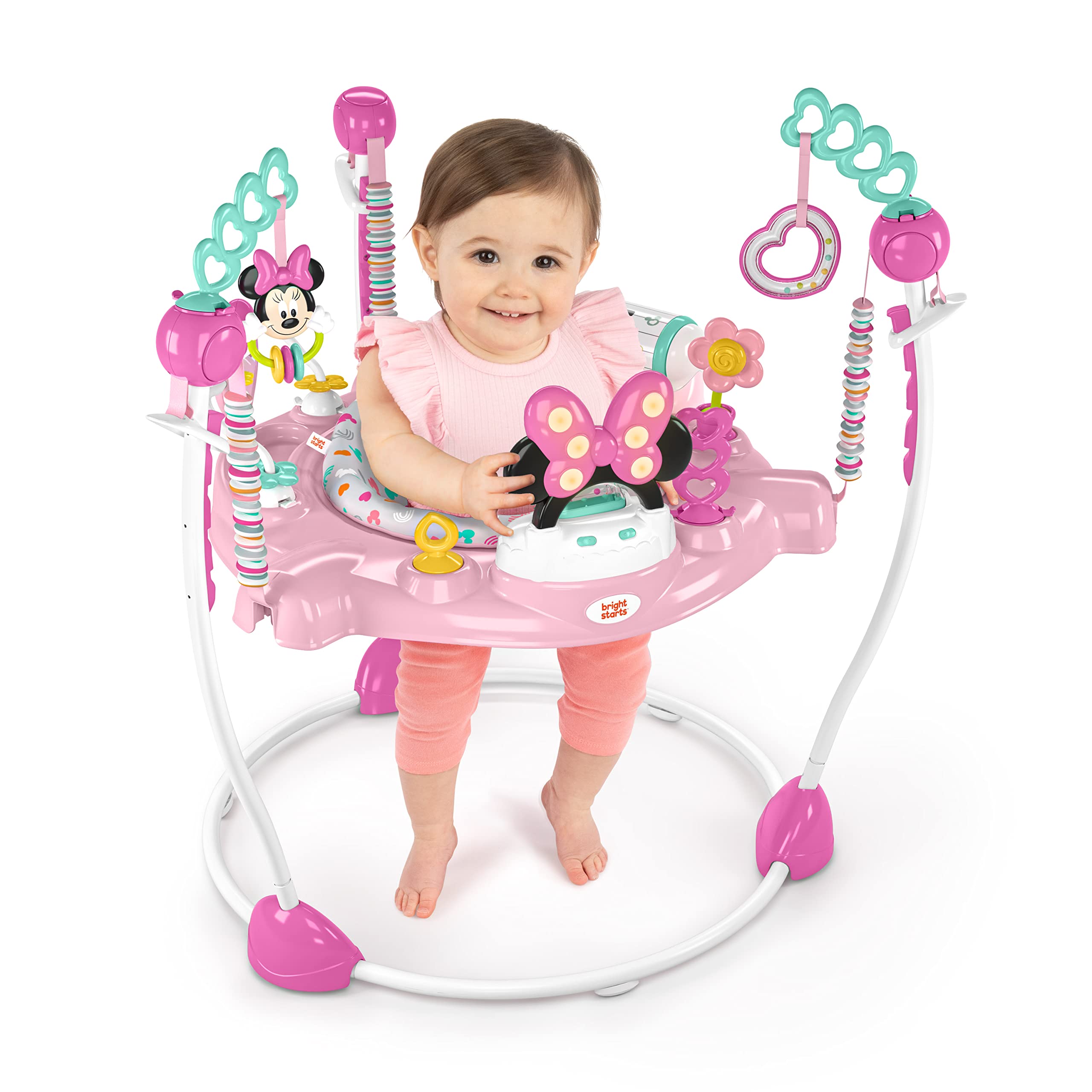 Disney Baby Minnie Mouse Forever Besties Baby Activity Center Jumper with 10 Toys, Lights & Sounds, 360-Degree Seat, 6-12 Months (Pink)