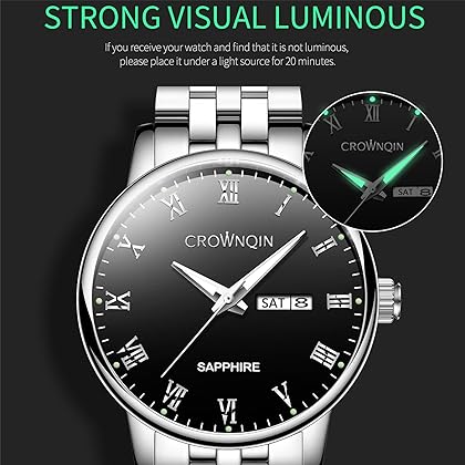 CROWNQIN Fashion Mens Silver Watch Classic Business Wrist Watches with Stainless Steel Waterproof Quartz Watch for Men Auto Date