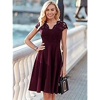 Womens Fall Fashion 2022 Contrast Floral Lace Panel Flared Hem Cocktail Party Swing Dress (Color : Purple, Size : Small)