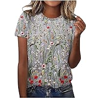 Summer Tops for Women Boho Floral Printed Tshirt Casual Short Sleeve Shirts Loose Crewneck Cute Tops Dressy Tunic Blouse