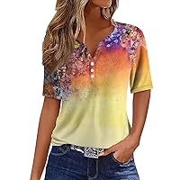 Casual V Neck Button Down Women Tops Short Sleeve T Shirt 2024 Trendy Going Out Printed Summer Blouse