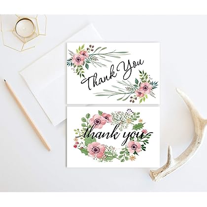 SUPHOUSE Teacher Thank You Cards with Envelopes Set, Thank You Cards Teacher Appreciation,Small Business,Baby Shower Thank You Cards, Wedding Thank You Cards Pink Floral Style,48 Bulk Pack