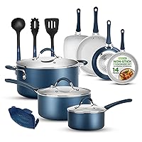 NutriChef 14-Piece Navy Blue Cookware Set - Durable Non-Stick Pots and Pans Set with Lids & Utensils, Compatible with All Cooktops
