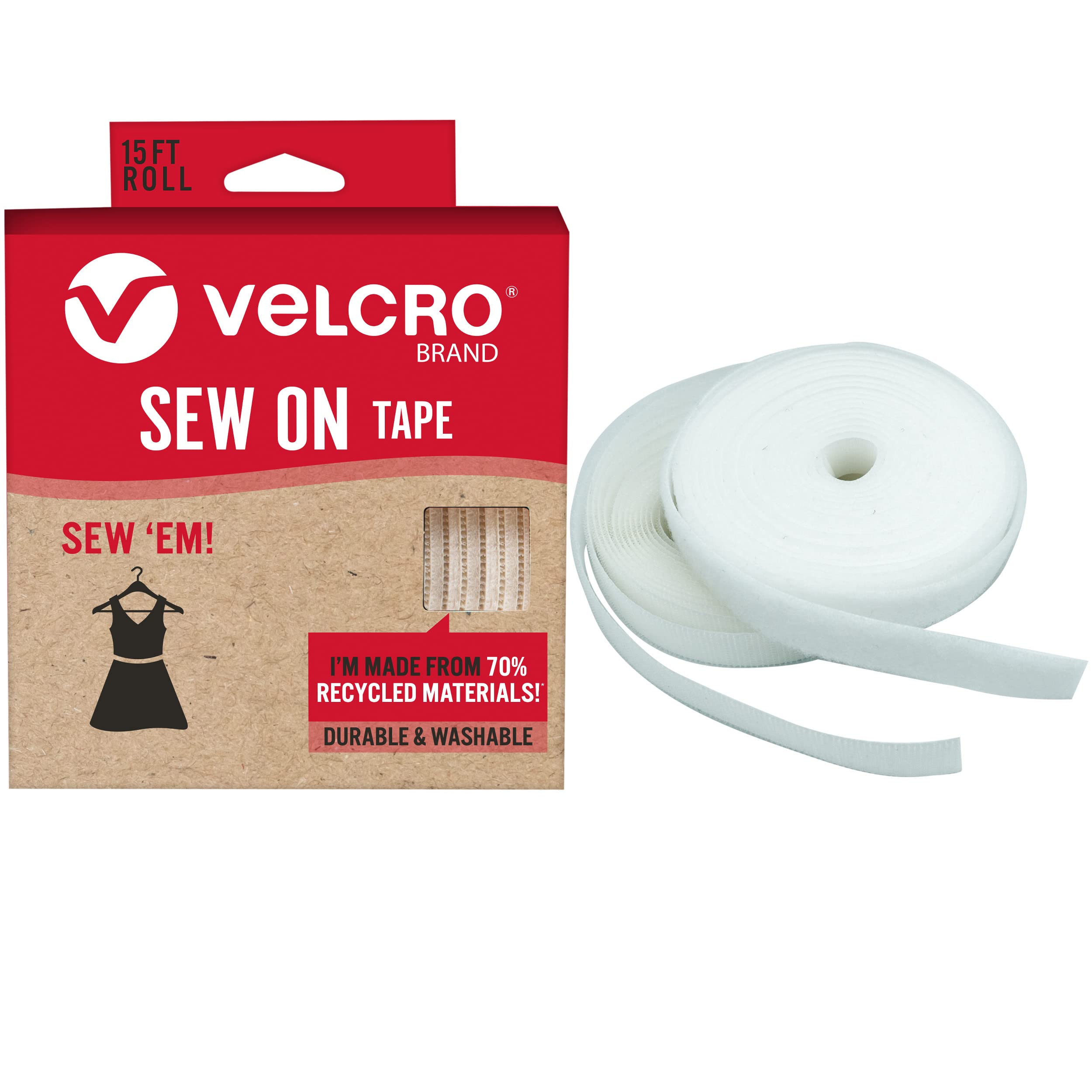 VELCRO Brand Sew On Tape for Clothes and Fabrics | ECO Collection | Non Adhesive, Cut Strips to Custom Length for Sewing | 15ft x 3/4in Roll, White