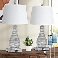 Set of 2 Table Lamps for Bedrooms with 2 USB Ports, 23in Farmhouse Rustic Living Room Table Lamps for End Table, Bedside Lamps for Nightstand Reading Desk, Gray Body&White Shade, Rotary Switch No Bulb