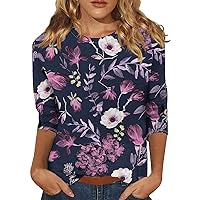3/4 Sleeve Shirts for Women Dressy Casual Crew Neck Oversized Tops Floral Print T Shirt Trendy Cute Tunic Blouse