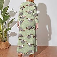 Sloth Hold Branch Women Plus Size Maxi Dress Long Sleeve Casual Printed