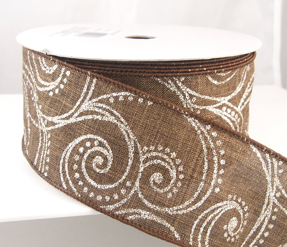 Gold Sparkle Comet on Brown Burlap Wide Wired Ribbon 2.5 inches wide 25 yards