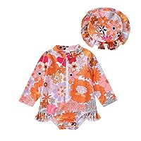 IMEKIS Infant Baby Girls One Piece Swimsuit Long Sleeve Rash Guard with Hat Floral Zipper Flounce Bathing Suit Beach Outfit