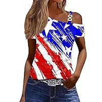 Patriotic Shirts for Women 2024 American Flag Print Cold Shoulder Fashion with Short Sleeve Independence Day Tops
