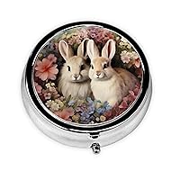 Two Rabbits Among Flowers Print Round Pill Box Cute Mini Metal Pill Case with 3 Compartment Portable Travel Pillbox Medicine Organizer for Pocket Wallet