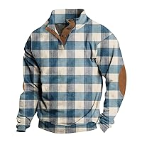 Mens Vintage Sweatshirt with Plaid Print Button Up Stand Collar Pullover Lightweight Long Sleeve Henley Shirts
