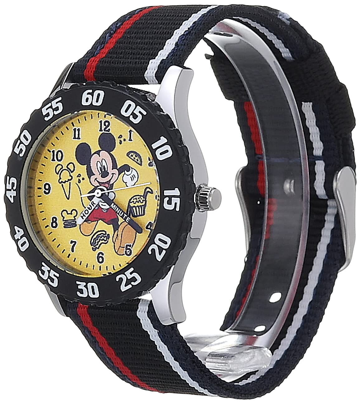 Disney Mickey Mouse Kids' Bezel Stainless Steel Time Teacher Analog Nylon Strap Watch