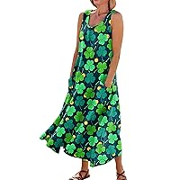 Summer Sun Dress for Women Casual Sleeveless Pleated Beach Dresses Printed Swing Flowy with Pocket St. Patrick Dresses