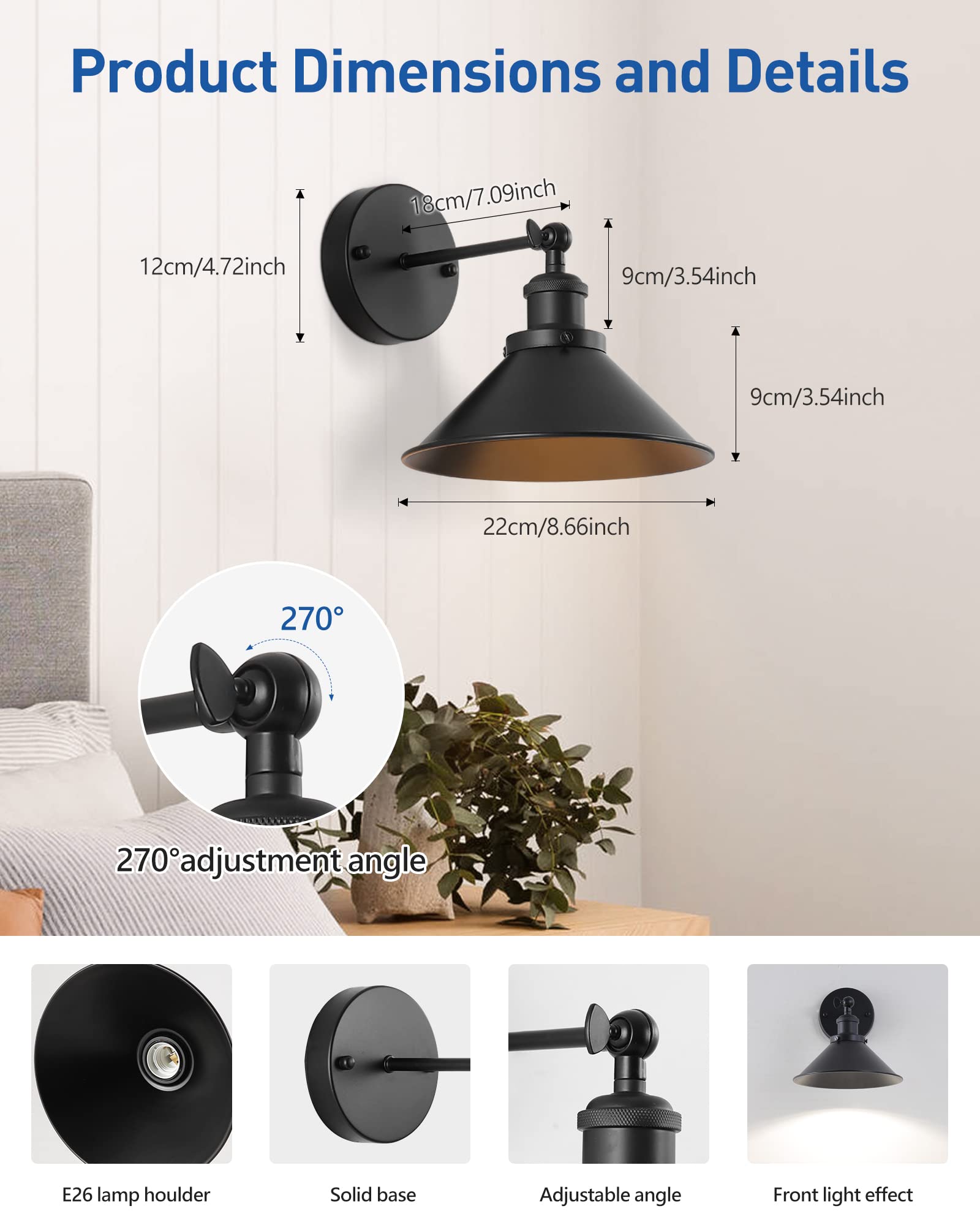 Bailoch Black Vintage Wireless Battery Operated Wall Sconces, Industrial Cordless Battery Powered Led Wall Lights Set of 2, Wall Lamp Fixture Indoor with Remote Control for Bedroom Farmhouse Gallery