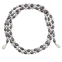 NOVICA Handknotted Cultured Freshwater Pearl Strand Necklace Long in White Grey Metallic Thailand Birthstone [54 in L x 0.3 in W] 'Iridescent Versatility'