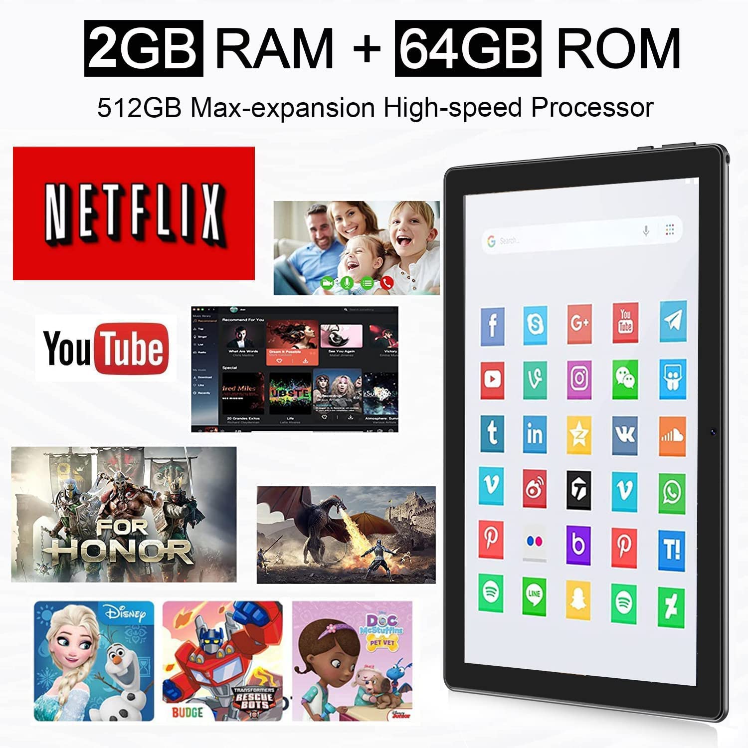 Android 12.0 Tablet, 10 inch 2GB RAM 64GB ROM, 512GB Expand, Tablet with Dual Camera, WiFi, Bluetooth, HD Touch Screen, Google GMS Certified