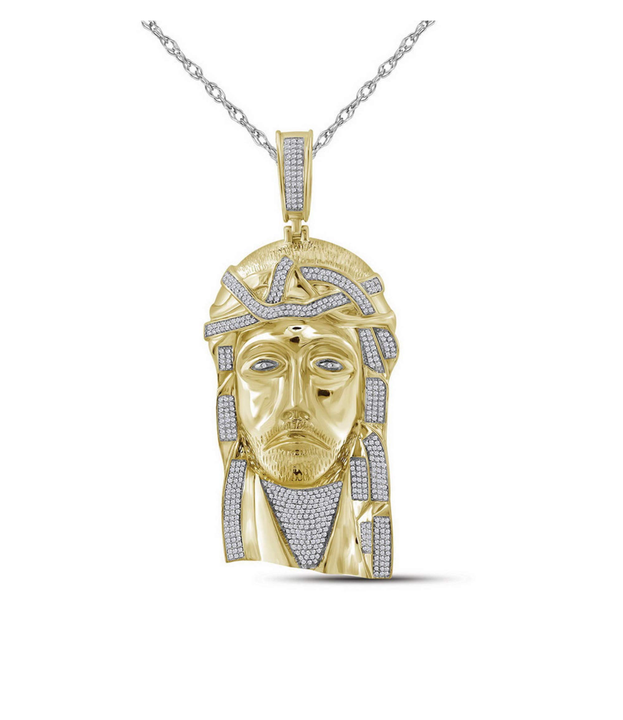 Macey Worldwide Jewelry 10K Yellow Gold Mens Diamond Jesus Christ Messiah Necklace Pendant 1-5/8 Ctw.