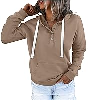 Womens Hoodies Solid Button Down Sweatshirts Drawstring Hooded Pullover Casual Long Sleeve Clothes With Pocket