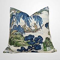 Asian Scenic Pillow in Blue and Kelly Green Lumbar Decorative Pillow Chinoiserie Pillow Cover 18x18 Cushion Cover