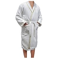 SA5120 European Spa and Bath White Waffle Weave Terry Cloth Robe with Gold Embroidered Trim