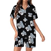 Miniature Schnauzer Womens Silk Satin Pajama Set Button Down Pjs Sleepwear Two Piece Short Sleeve Top with Shorts