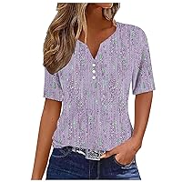 2024 Women's Top Button Up V Neck Eyelet T Shirts Short Sleeve Tops Loose Fit Blouses Dressy Casual Summer Basic Shirts