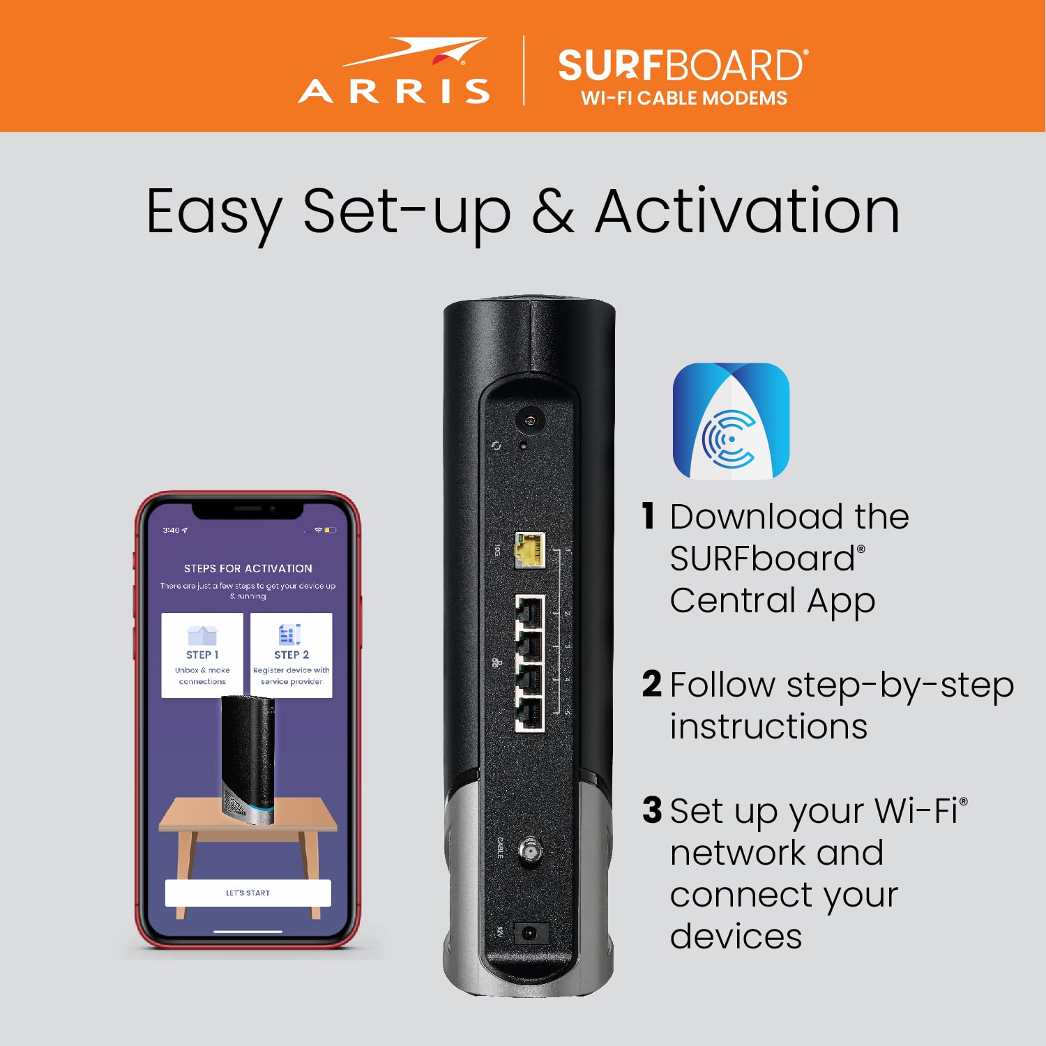 ARRIS Surfboard G54 DOCSIS 3.1 Multi-Gigabit Cable Modem & BE 18000 Wi-Fi 7 Router | Comcast Xfinity, Cox, Spectrum| Quad-Band | 1, 10-Gbps Port | 4, 1-Gbps Ports | Multi-Gig Internet Speed Plans