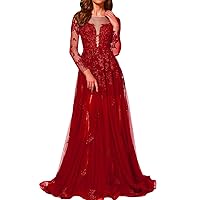 Women Lace Applique Long Prom Dresses Tulle A Line Bridesmaid Dress Evening Gown J209