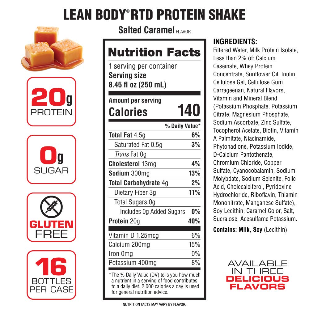 LABRADA NUTRITION - Lean Body RTD Whey Protein Shake, Convenient On-The-Go Meal Replacement Shake for Men & Women, 20 grams of Protein – Zero Sugar, Lactose & Gluten Free, Salted Caramel (Pack of 16)