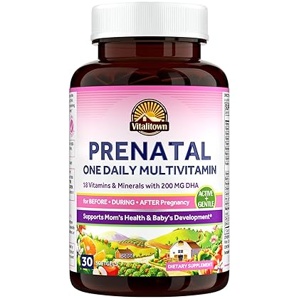 VITALITOWN Prenatal Vitamin, with Omega-3 DHA, Folate, Iron, VIT C, D3, Calcium, Zinc, Choline, Support Baby's Healthy Growth and Brain Development, 30 Softgels