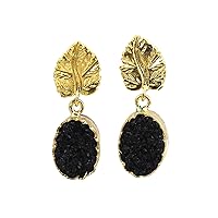 Natural Agate Druzy Gold Plated Design Earrings Oval Shape Single Stone Gemstone Handmade Drop & Dangle Hook Earrings